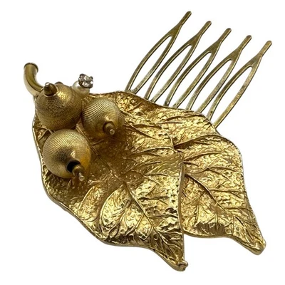 Gold Leaf Hair Comb Vintage Repurposed Jewelry Bridal Formal Wedding Accessory - Image 1 of 4