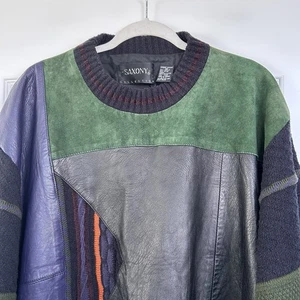 Vintage 90s Saxony Collection Leather Patchwork 3D Sweater Abstract Pattern Gr. 1XB - Bild 1 von 10