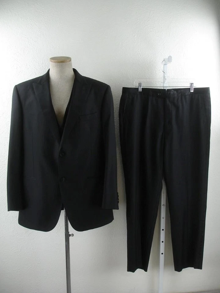 Men's 44R J. Hilburn 3-Pc Tuxedo Suit Black Vest Jacket Pants 38 X 31 Wool Satin - Image 1 of 4
