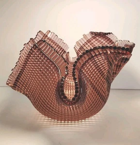 Rare Abstract Art Glass Bowl Diamond Pattern Ruffled with "Fringe" Mauve Color - Picture 1 of 20
