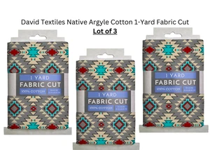 David Textiles Native Argyle Cotton 1-Yard Fabric Cut Gray Blue Red Lot of 3 New - Picture 1 of 5