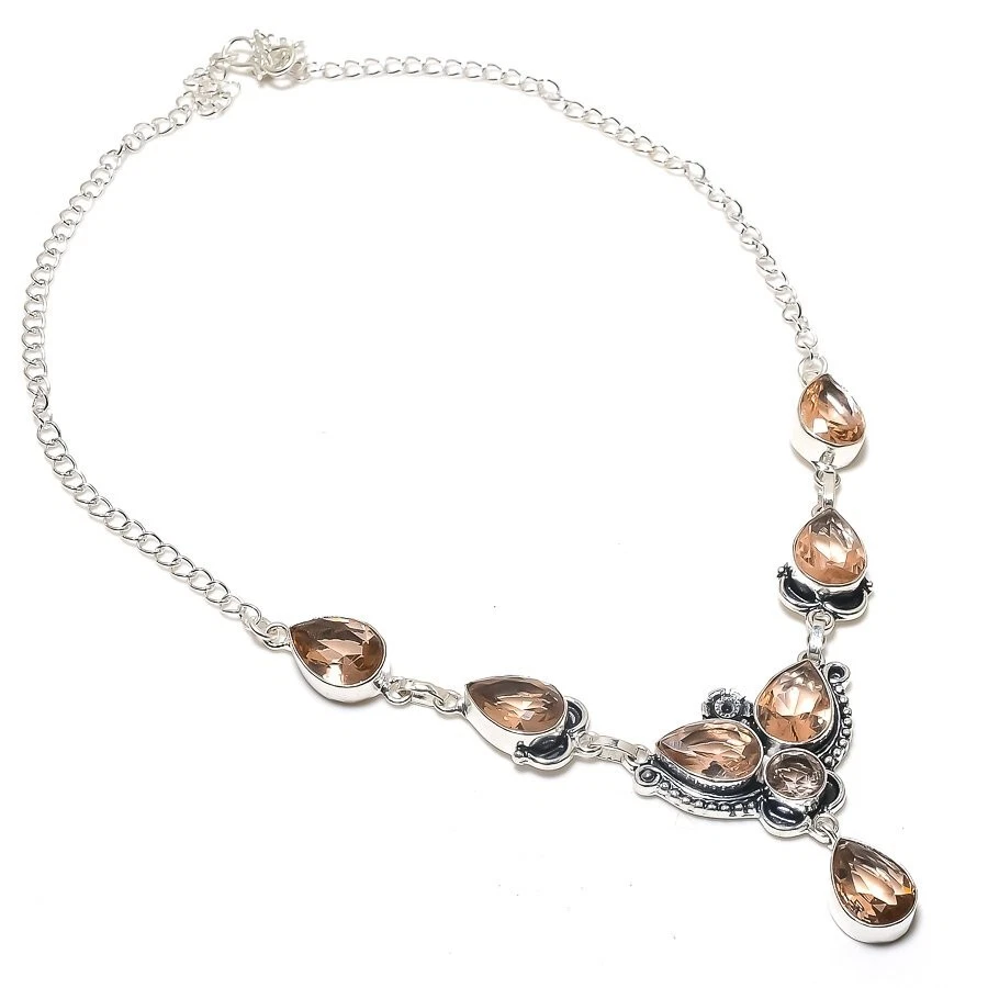 Peach Morganite Gemstone Handmade 925 Sterling Silver Jewelry Necklace Size 18" - Image 1 of 1