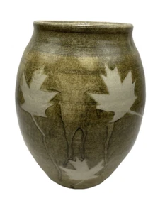 Art Pottery Vase Glazed Ceramic Painted Light Green Cream Leaf Decorations - Picture 1 of 6