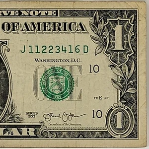 Four Digit Chunky Ladder Fancy Serial Number One Dollar Bill J11223416D FW 2013 - Picture 1 of 8
