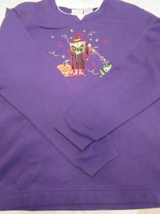 Vintage White Stag Sweatshirt Womens Purple Halloween Witch Cat Pumpkin Size L - Picture 1 of 5