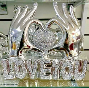 NEW LARGE GIFT CRUSHED DIAMOND SILVER HAND HEART LOVE YOU SPARKLE BLING ORNAMENT