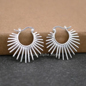 Pendientes de aro con bisagras de clip boho balineses con rayos de sol de plata de ley 925 A1288 - Imagen 1 de 6