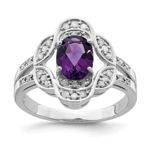Sterling Silver Rhodium-plated Oval Amethyst & Diamond Ring Size 7 - Picture 1 of 4