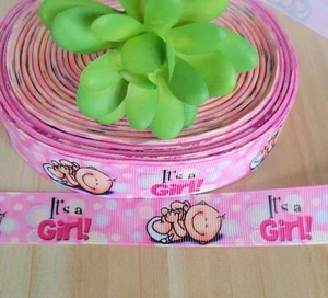 7/8" (1 YD) Pink "It's a Girl" Grosgrain Ribbon Baby Shower Gift Wrap Ribbon - Picture 1 of 2