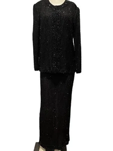 Vintage Laurence Kazar Black Silk Sequin Beaded Formal Evening Gown & Jacket S - Picture 1 of 12