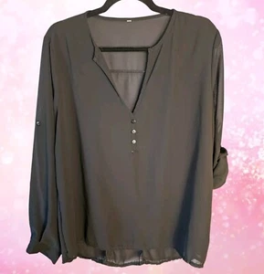 Black Semi Sheer Long Sleeve Roll tab Blouse Plus Sz 3X Button Detail NO TAGS - Picture 1 of 10