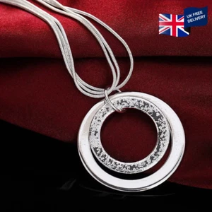925 Silver Sterling Long Chain Crystal Rhinestone Pendant Necklace Women Fashion - Picture 1 of 12