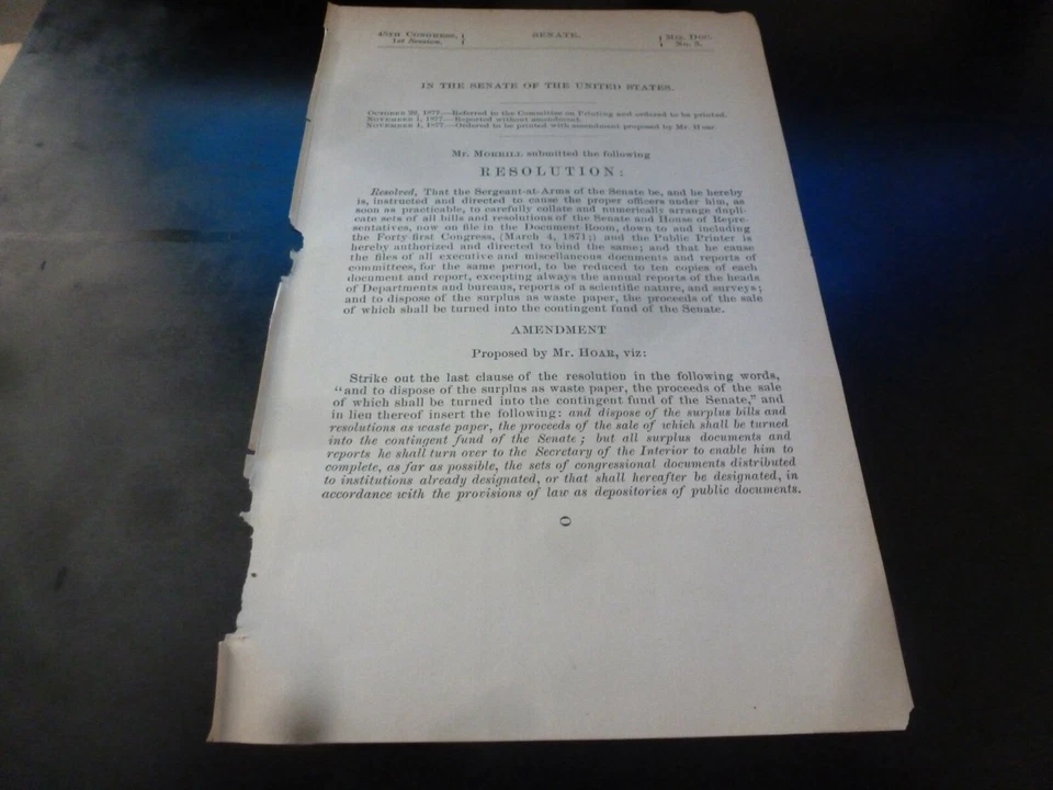 Government Report 1877 Sergeant-At-Arms US Senate Carry Duplicate Sets Of Bills Foto 1 de 1