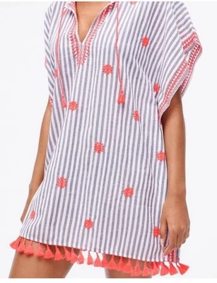 NWT J.Crew Embroidered blue white orange Beach Tunic In Stripe L2790 XXS - Image 1 of 4