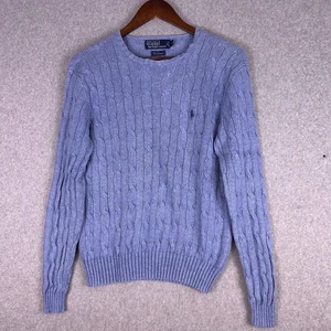 Suéter Polo By Ralph Lauren Mujer Azul Seda Cachemira Cable Tejido Logo Preppy De Colección - Imagen 1 de 13