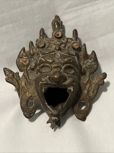 Tibetan Brass Mask Incense Burner Face Gems - Picture 1 of 15