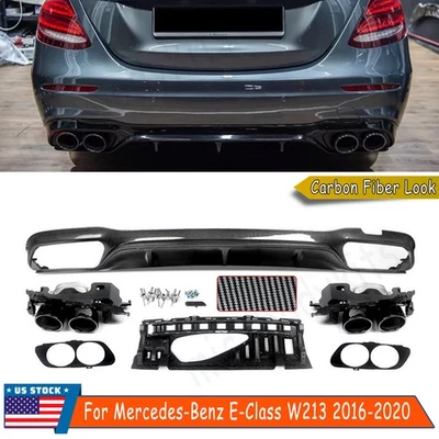 Rear Diffuser+Exhaust Tips For Mercedes Benz W213 E300 E400 2016-20 Carbon Style - Image 1 of 4