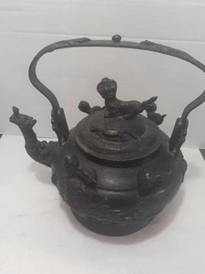 ANTICO Bollitore Dinastia Cinese Statua Bronzo Draghi Foo Dogs 14" con Manico - Foto 1 di 16