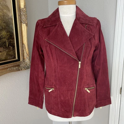 NEW Dennis Basso Moto Biker Women Jacket Sz XS Red Zip Washable Suede Leather - Image 1 of 4