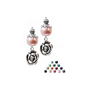 Earrings rose flower charm and pearls, colour choice, clip on or pierced - Picture 1 of 4