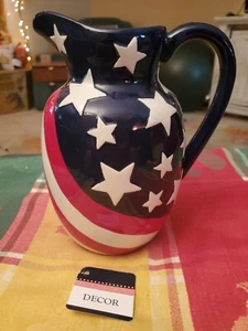 Burton & Burton Stars & Stripes Pitcher Vase Patriotic Decor Red White Blue - Picture 1 of 6