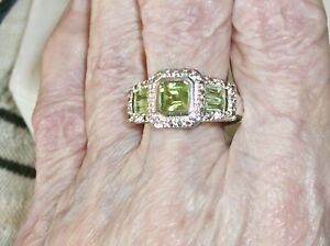 NATURAL PERIDOT & CZ'S STERLING SILVER RING SIZE 10 BEADED EDGE BAGUETTES NICE