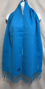 Yves Saint Laurent YSL Blue Wool Logo Fringe Scarf 70”x 12” - Picture 1 of 8