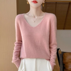 Autumn Winter Womens Pullover V Neck Fashion Solid Color Sweaters Basic Knitwear - Picture 1 of 31