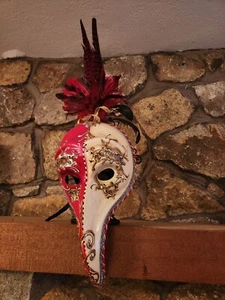 Original Venezia Hand Printed Long Nose Mask Made in Italy Red/White w/ Featherr - Picture 1 of 19