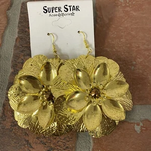 Womens Fashion Large Gold Toned Flower Statement Earrings Hook Backs - Picture 1 of 7