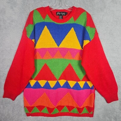 Suéter grande rojo hip hop vintage de los 80 para mujer bloques de colores con cuentas de algodón geométrico Foto 1 de 4