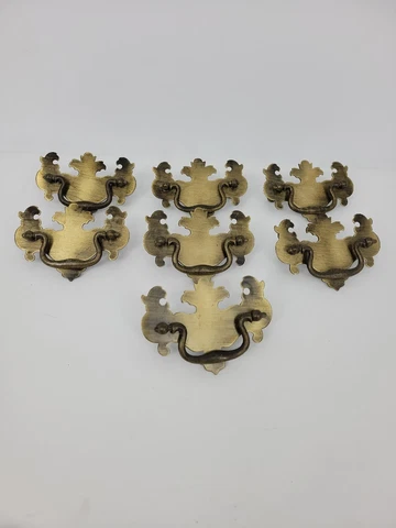 7 - Vintage Brass Salvaged Batwing Chippendale Style Drawer Handle Pulls Cover