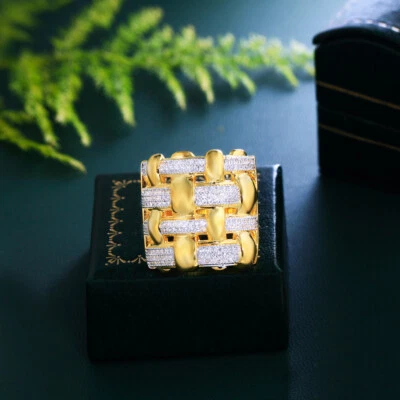 Women Dubai Gold Plated Cubic Zirconia Paved Weave Pattern Big Wide Finger Rings - Image 1 of 4