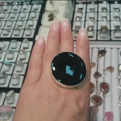 Anillos hechos a mano de piedras preciosas de ónix negro forma redonda grande... - Imagen 1 de 4