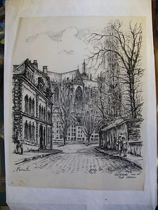 Metz Cathedral Bridge Moreau André Simon 1926-2014 Ink Chinese On Tracing Paper - Picture 1 of 3