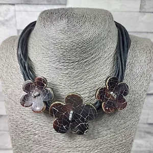 Statement Necklace Brown Coconut Flowers Black Multi Strand Cord Jewellery Boho - Picture 1 of 4