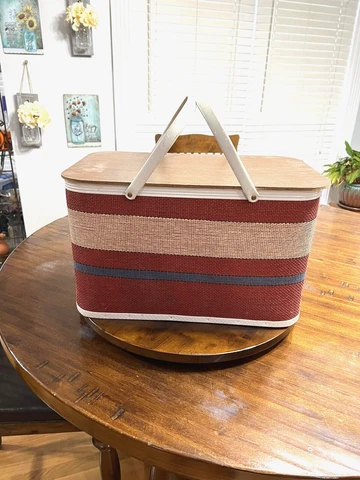 Vintage Redmon Picnic Basket Red Striped Wood Lid White  Metal Handle Cover