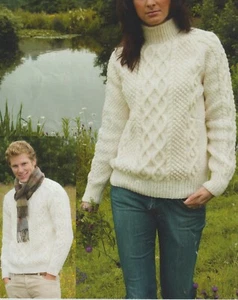 81 LADY'S MENS ARAN DOUBLE CABLE SWEATER 34-44" KNITTING PATTERN COPY - Picture 1 of 2