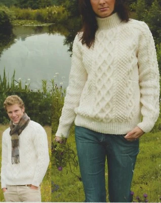 81 LADY'S MENS  ARAN DOUBLE CABLE SWEATER 34-44" KNITTING PATTERN COPY - Image 1 of 2