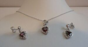  925 STERLING SILVER DANGLING HEART NECKLACE & EARRING LAB CREATED RUBY/DIAMOND