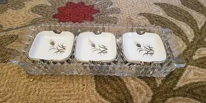 4 Piece VTG Lefton Wheat Gold Trim Porcelain Ashtray Set w/ Glass Tray Marked - Picture 1 of 12