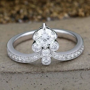 2.30 Ct Round Cut Simulated Diamond Women's Crown Ring 14K White Gold Plated - Picture 1 of 3
