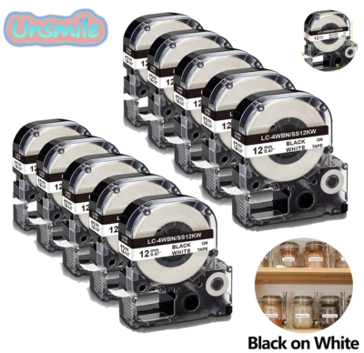 UNSMILE Replace for Epson LK-4WBN & King Jim SS12KW Label Maker Tape Black on White 1/2
