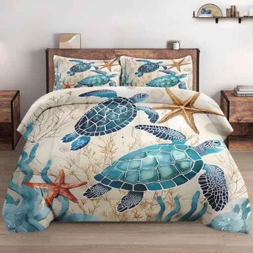 Comforter Set Size with 2 Pillowcases, Sea Turtle Coral 3 King Vintage Turtle - Image 1 of 4