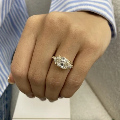 Anillo Diamante Este Oeste F VS1 IGI Certificado 3.45 Ct Laboratorio Marquesa creado Oro 14K Foto 1 de 4