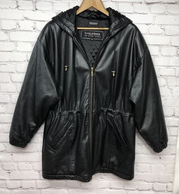 De Colección WILSON Negro Cuero Genuino Chaqueta con Capucha Abrigo Cintura Cintada Bolsillos Talla M Foto 1 de 4