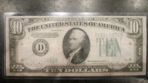 Vintage Light Green Seal 1934 Series D $10 Ten Dollar Bill  - Picture 1 of 2