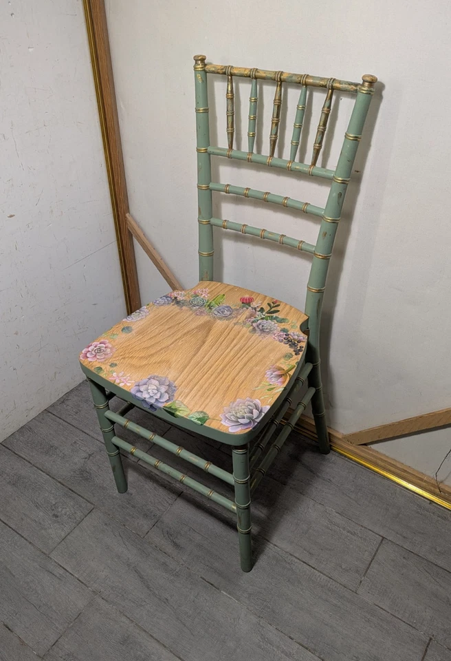 Cadeira estilo chiavari vintage chique gasto pintada à mão floral madeira bambu falso - Imagem 1 de 4