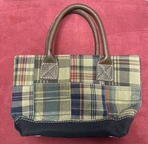 LL Bean Boat And Tote Bag Plaid With Leather Handles Mini Tote 7" x 11" Vintage - Picture 1 of 15