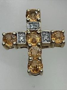 Solid 8.5K Yellow Gold Quartz & Diamond Small CROSS Religious Charm Pendant 1.7g - Picture 1 of 22